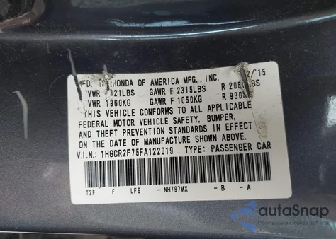 2015 Honda Accord Ex from USA, damaged, VIN 1HGCR2F75FA122019